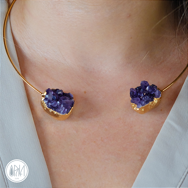 Gargantilha Drusa Ametista Banho Ouro - Proteção e Espiritualidade