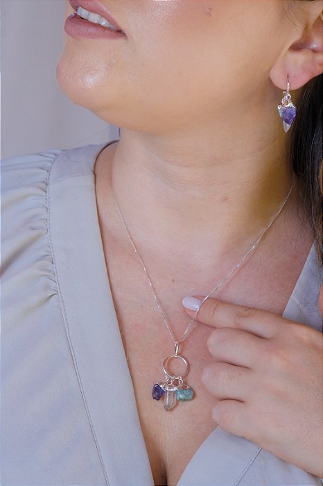 Colar Sinergia Prateado - Ametista, Cristal e Quartzo Verde