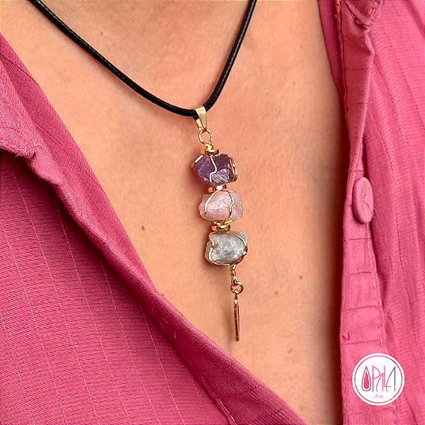 Pingente Triplo Dourado - Ametista, Quartzo Rosa e Água Marinha