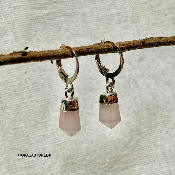 Brinco Argolinha Quartzo Rosa Gotinha - Prateado