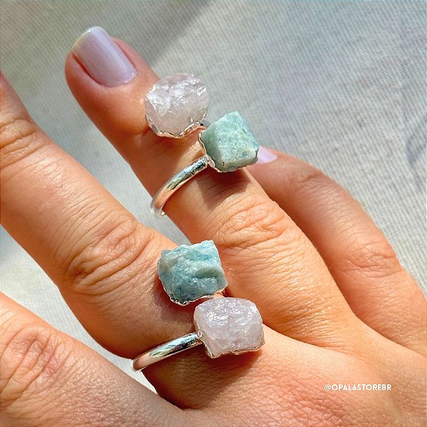 Anel Água Marinha e Quartzo Rosa – Amor e Clareza (Cristal de 2026) | Prateado e Regulável