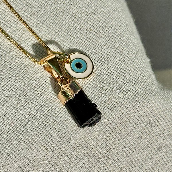 Colar de Proteção com Olho Grego e Turmalina Negra| Mini Turmalina + Plaquinha Banhada a Ouro + Corrente 45 cm