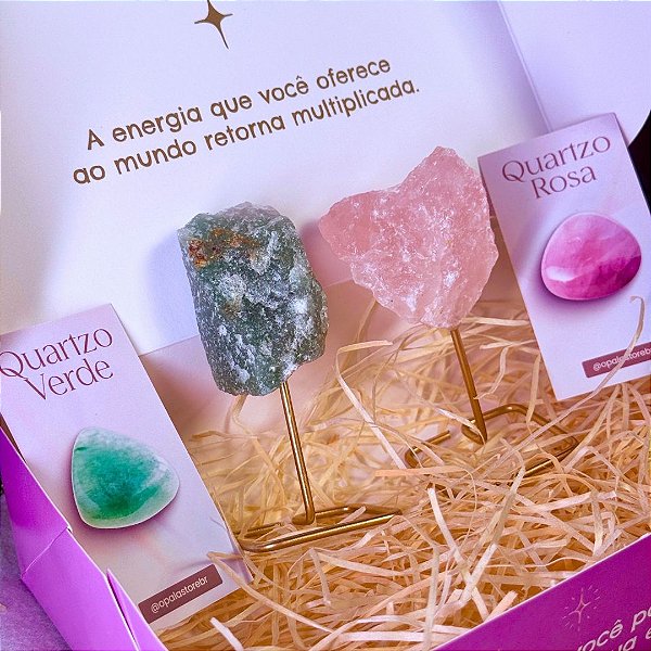 Kit Saúde, Amor e Boa Sorte | Pilares de Quartzo Verde e Rosa + Caixa Presenteável