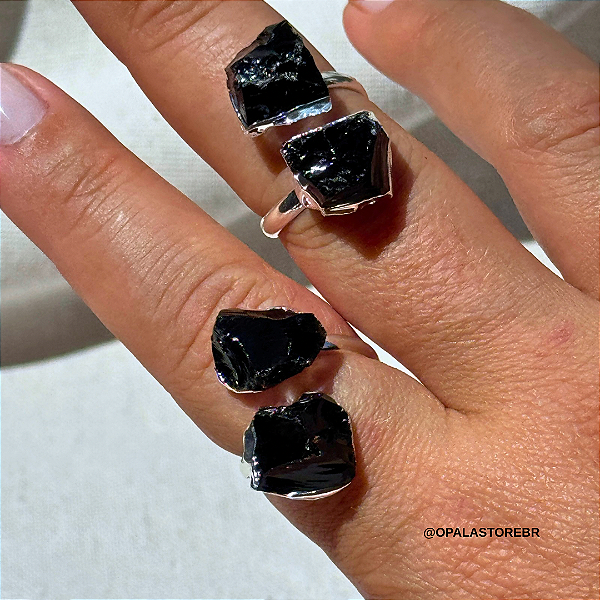 Anel de Obsidiana Negra Duplo - Prateado | Proteção Energética Intensa