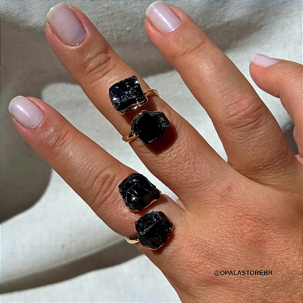 Anel de Obsidiana Negra Duplo - Dourado | Proteção Energética Intensa