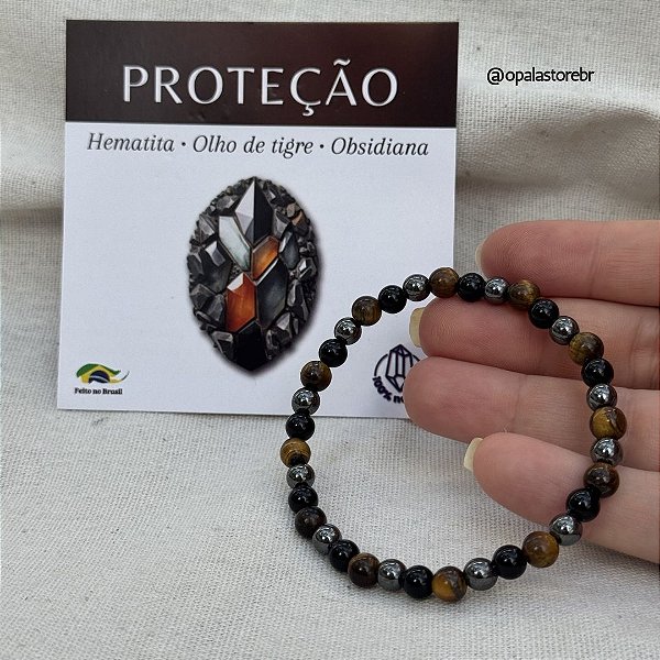 Pulseira Proteção - Olho de Tigre, Ônix e Hematita - 6mm