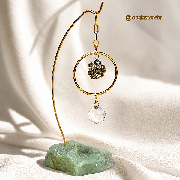 Pendente de Mesa da Prosperidade com Pirita, Quartzo Verde e Esfera de Cristal - Dourado