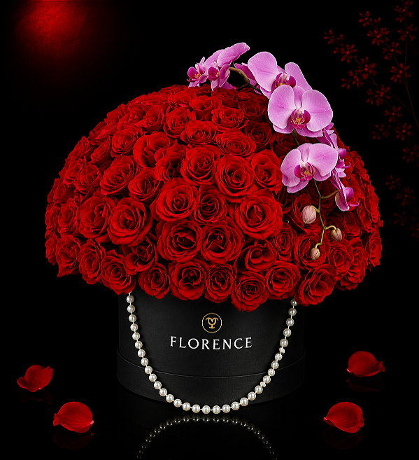Box Buquê Supreme - Rosas Colombianas Vermelhas e Orquídea Cascata