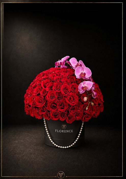 Box Buquê Supreme - Rosas Colombianas Vermelhas e Orquídea Cascata