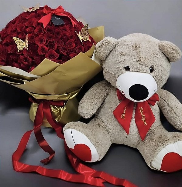 Buque 200 Rosas Vermelhas + Urso Kisses