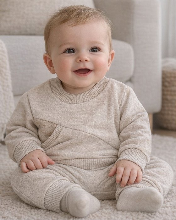 Conjunto Moletom Bebê com bolso - Bege Areia 100% Algodão