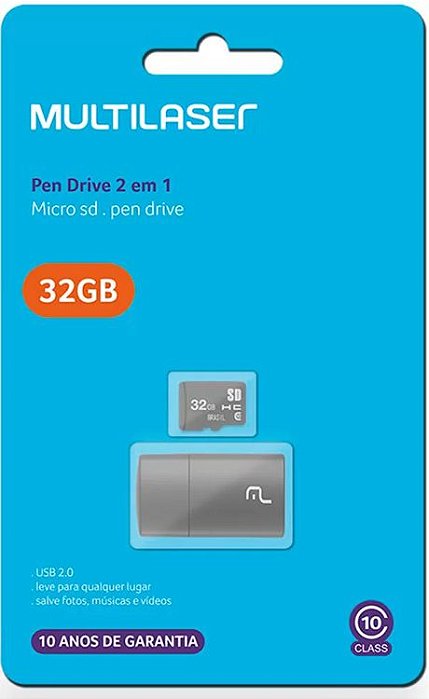 CARTAO MEMORIA MICROSD MULTILASER 32GB CLASSE 10 C/LEITOR 2X1 MC163