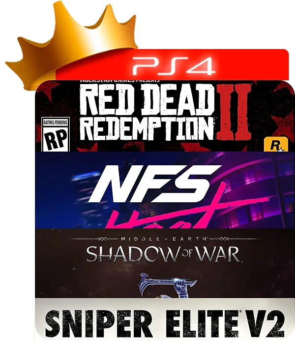 Red Dead Redemption 2 + Need for Speed Heat + Sombras de Mordor + Sniper Elite v.2 para PS4 em Mídia Digital