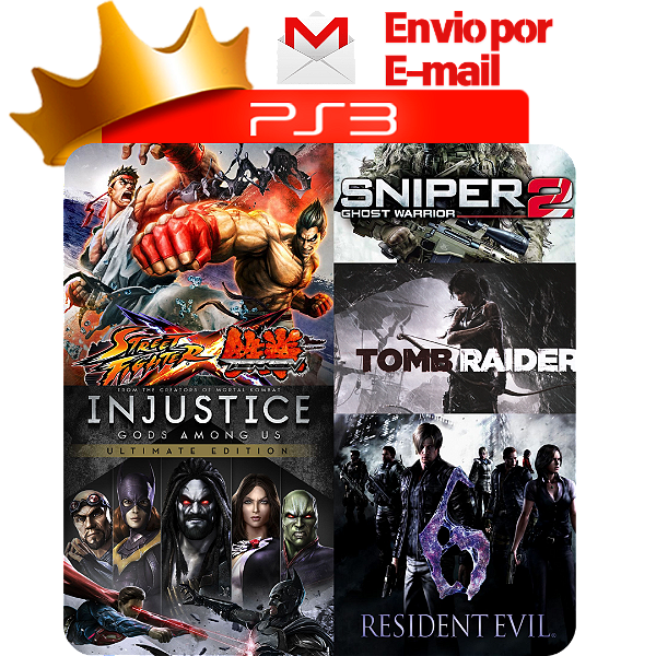 Combo Street x Tekken + Sniper Ghost Warriors 2 + Tomb Raider 2013 + Injustice + Resident Evil 6 Ultimate para PS3 em Mídia Digital