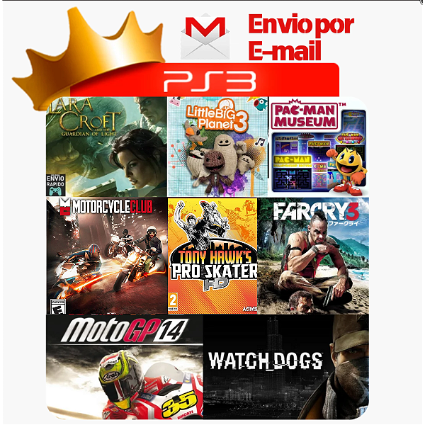 Combo Lara Croft + Little Big Planet 3 + Motorcycle + Tony Hawk + Pac Man Museum + Far Cry 3 + Moto GP 14 + Watch Dogs para PS3 em Mídia Digital