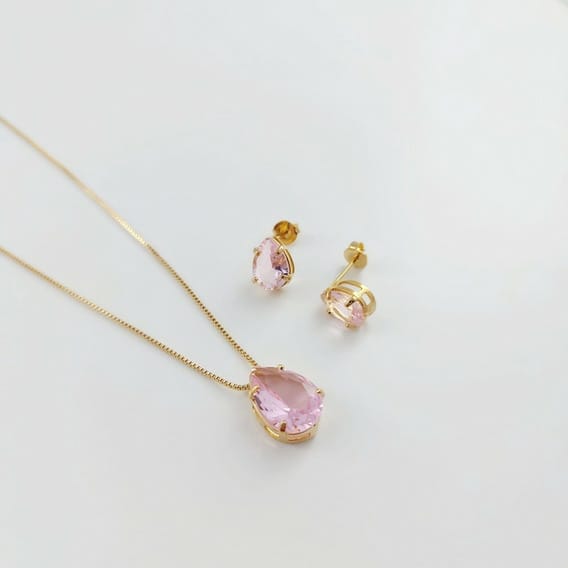 Conjunto Gota Rosa Banhado a Ouro 18k