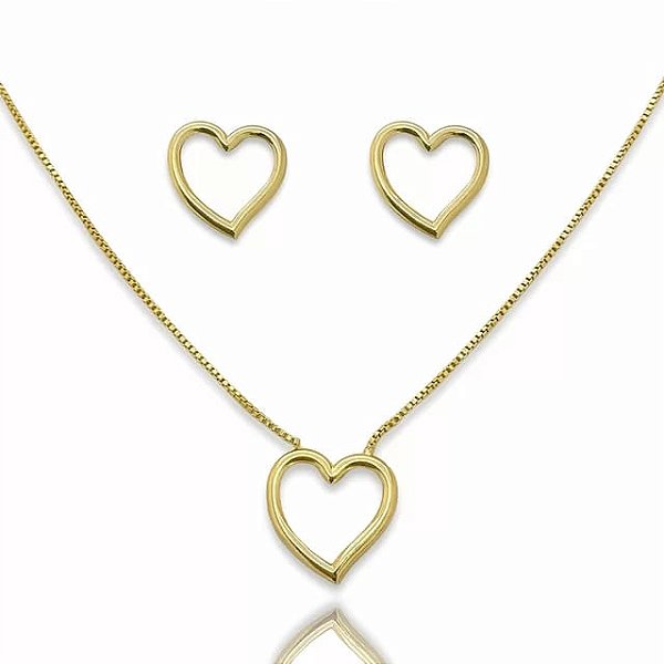 Conjunto Coração Vazado Banhado a Ouro 18k