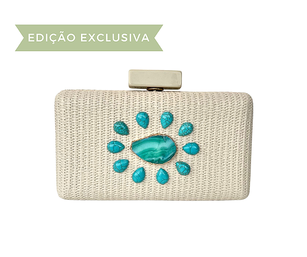 Bolsa Clutch de Ráfia Bege Clara Pedras Naturais Turquesa 2 - Edição Exclusiva