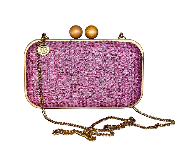 Bolsa Clutch Madeira e Ráfia Lilás Fecho Bola