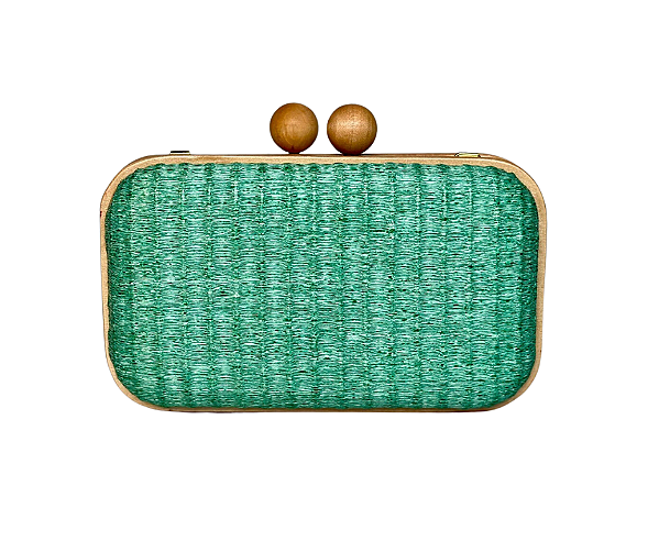 Bolsa Clutch Madeira e Ráfia Verde Fecho Bola