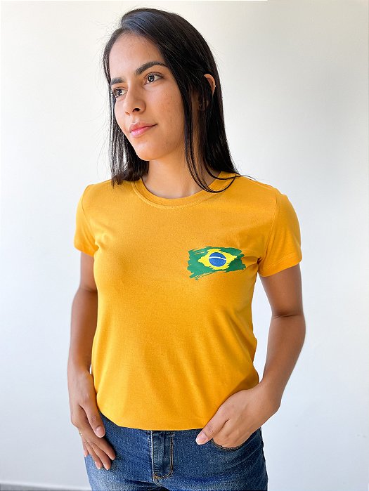 T-SHIRT FEMININA - BANDEIRA DO BRASIL - COR AMARELO