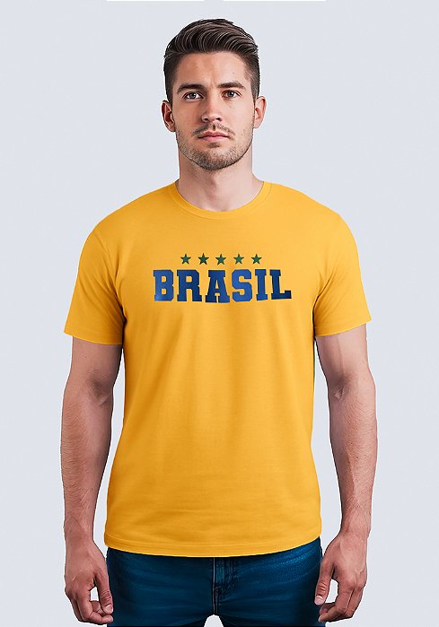 T-SHIRT MASCULINA - BRASIL ESTRELAS - COR AMARELO