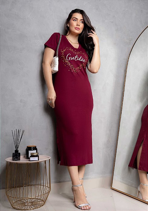 VESTIDO MIDI - GRATIDÃO CORAÇÃO PÉROLAS - COR BORDO