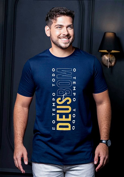 T-SHIRT MASCULINA - DEUS É BOM O TEMPO TODO - COR AZUL MARINHO