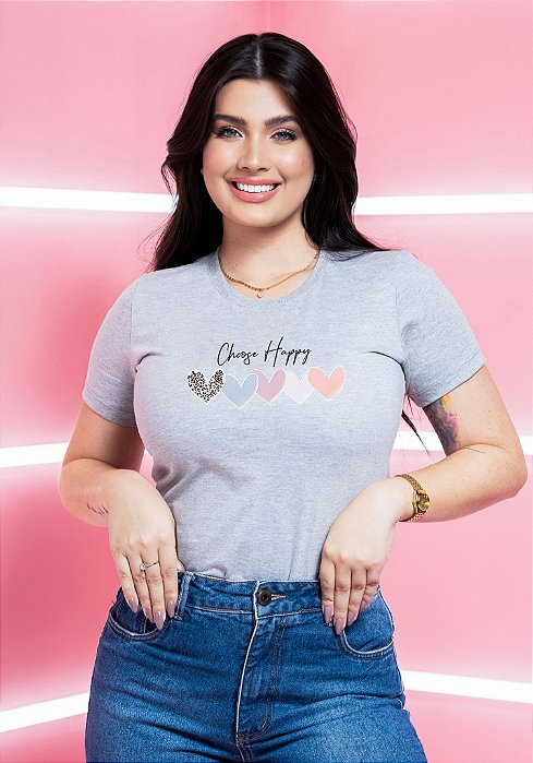 T-SHIRT FEMININA - CHOOSE HAPPY CORAÇÕES - COR MESCLA