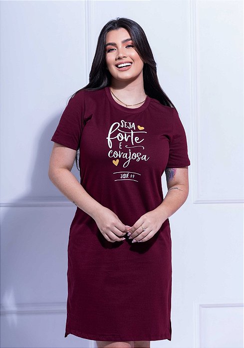 VESTIDO PREMIUM ALGODÃO - SEJA FORTE E CORAJOSA - COR BORDO