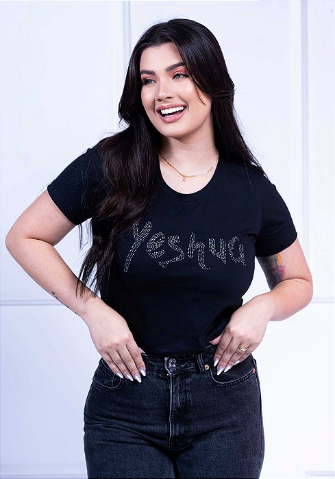 T-SHIRT FEMININA - STRASS YESHUA - COR PRETO