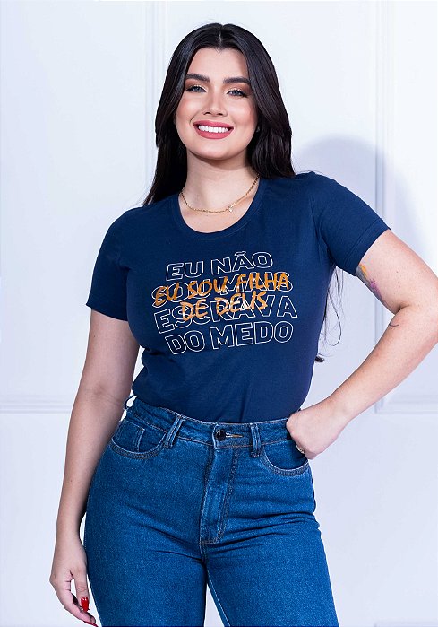 T-SHIRT FEMININA - EU NÃO SOU MAIS ESCRAVA - COR AZUL MARINHO