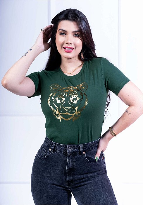 T-SHIRT FEMININA - TIGRE DOURADO - VERDE PETRÓLEO