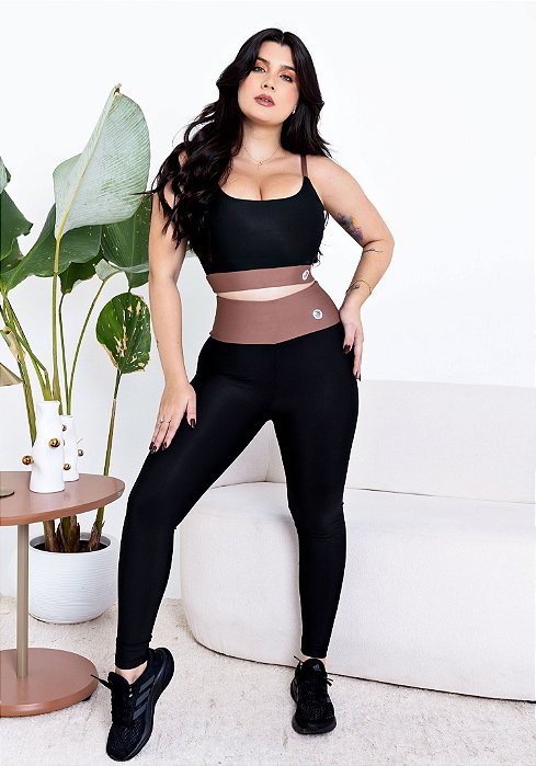 CONJUNTO FITNESS -  BICOLOR - PRETO COM DETALHE MARROM
