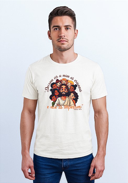 T-SHIRT MASCULINA - DEIXEM VIR A MIM AS CRIANÇAS - COR MARFIM