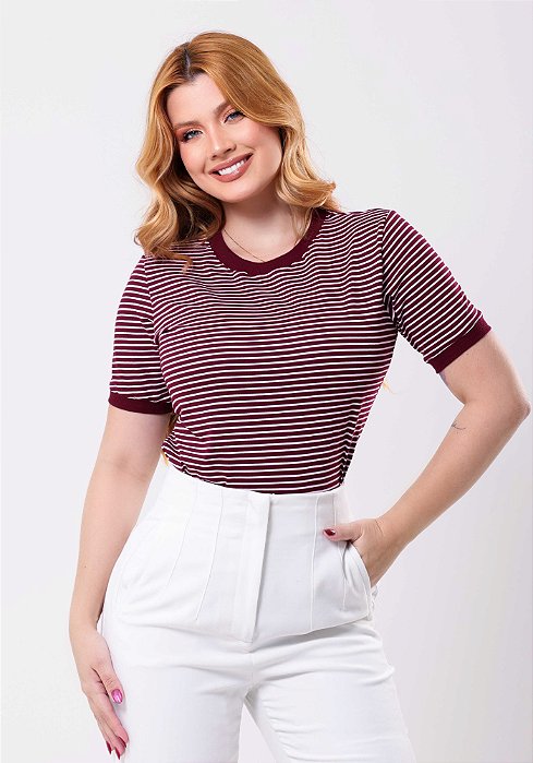 T-SHIRT FEMININA - LISTRADA - COR BORDÔ