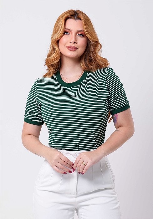 T-SHIRT FEMININA - LISTRADA - COR VERDE