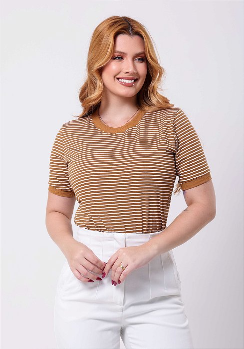 T-SHIRT FEMININA - LISTRADA - COR PÃO DE MEL