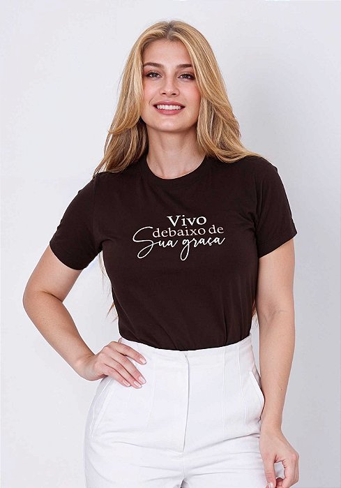 T-SHIRT FEMININA - VIVO DEBAIXO DE SUA GRAÇA - COR MARROM