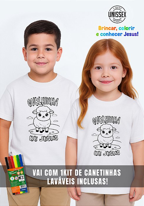 CAMISETA INFANTIL CRISTÃ PARA COLORIR - OVELHINHA DE JESUS - COR BRANCO