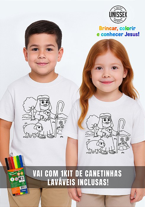 CAMISETA INFANTIL CRISTÃ PARA COLORIR - PASTOR DE OVELHAS - COR BRANCO