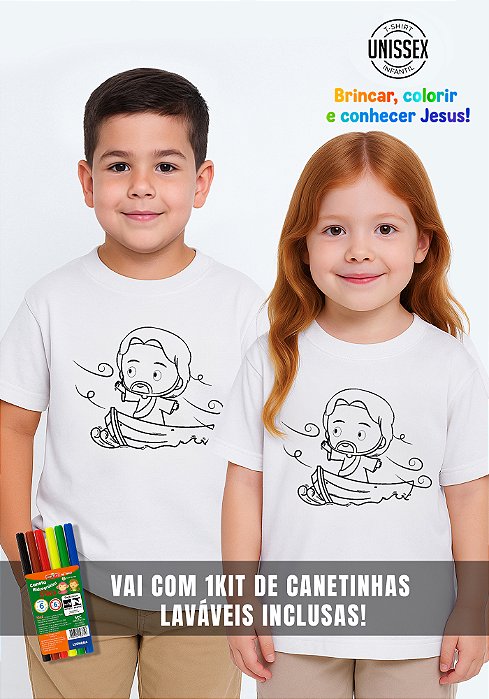 CAMISETA INFANTIL CRISTÃ PARA COLORIR - JESUS ESTA NO BARCO - COR BRANCO