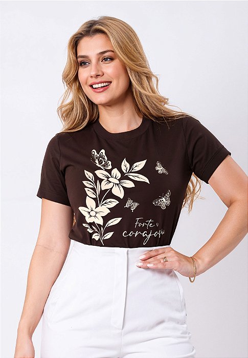 T-SHIRT FEMININA - FORTE E CORAJOSA - COR MARROM