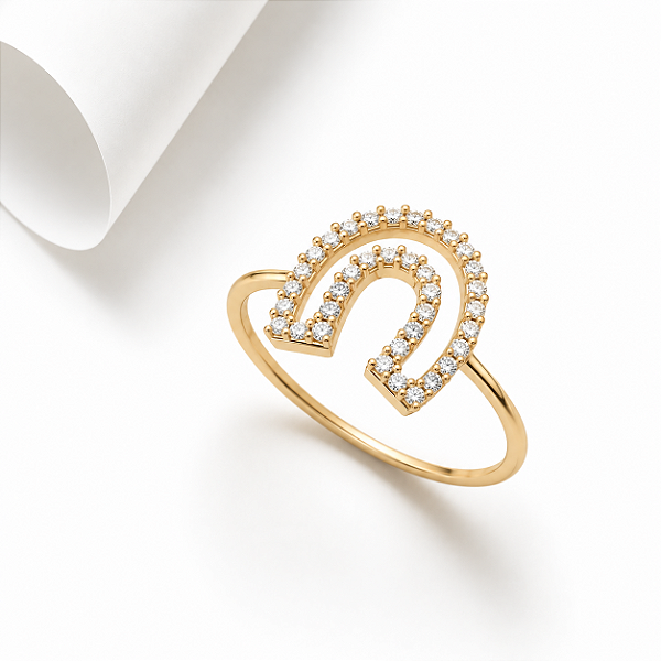 Anel ferradura diamantes em ouro 18k