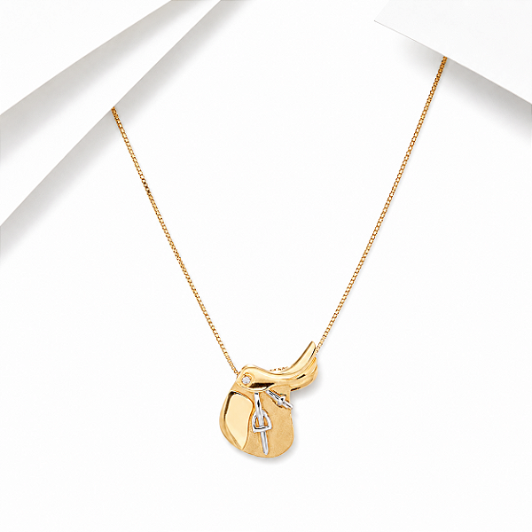 Colar sela estribos ouro branco ponto em diamante em ouro 18k
