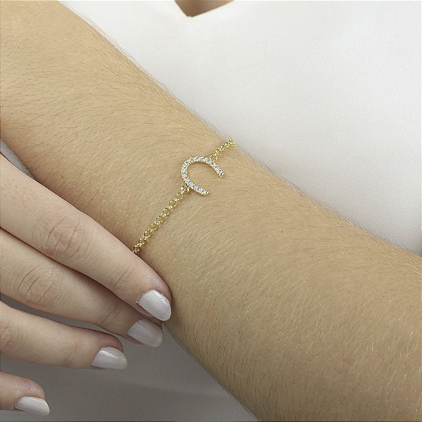 Pulseira ferradura cravejada prata 925 banhada ouro 18k