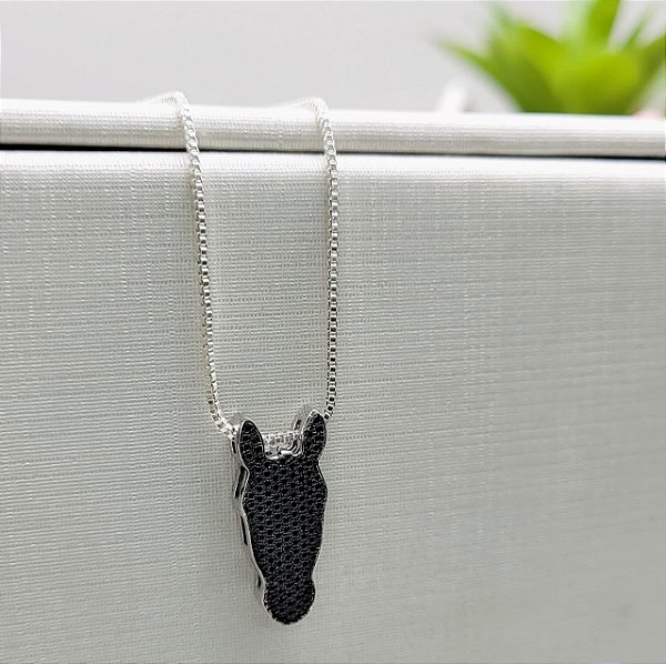 Colar carinha diamantada  rodio  negro em prata  925