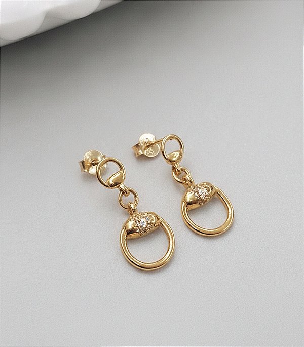 Brinco bridão pendente prata 925 banhado ouro