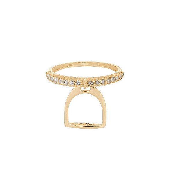 Anel pingente estribo zircônia cravejada prata 925 banhado ouro 18k.