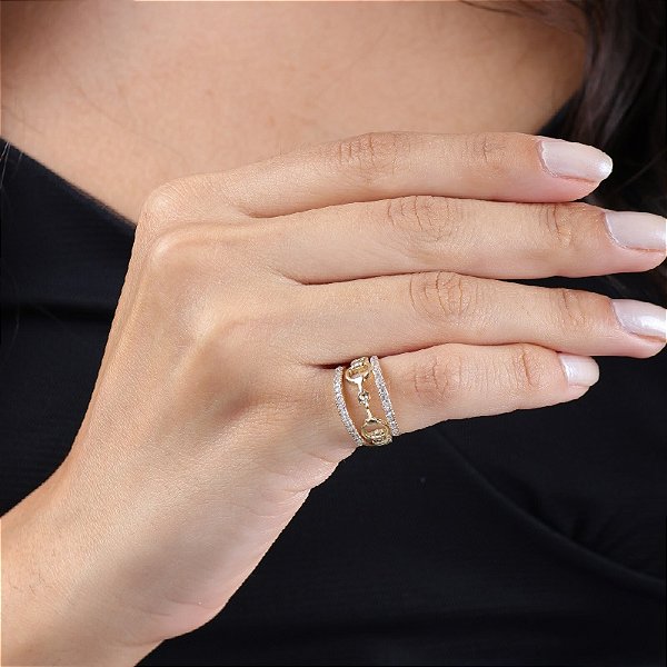 Anel aparador bridão  zirconia  cravejada prata  925 banhado a ouro 18k